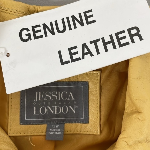 Jessica London Jacket Women's 12 Yellow NWT Leather Coat Snap Buttons Collared - Picture 13 of 17